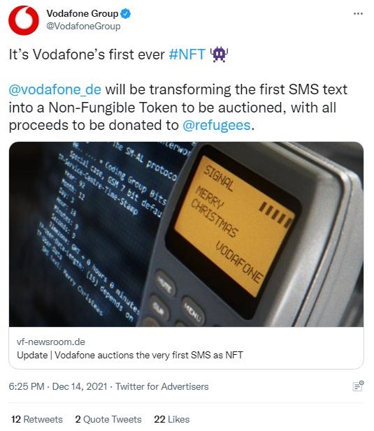 英國(guó)沃達(dá)豐公司也表示，計(jì)劃將拍賣所得全部捐贈(zèng)給聯(lián)合國(guó)難民署，以支持那些被迫逃離家園的人。(圖片來(lái)源：英國(guó)沃達(dá)豐公司社交媒體截圖)