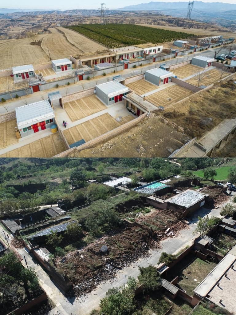 拼版照片，上圖是2022年1月山西省霍州市師莊鄉(xiāng)馮南垣村災后恢復重建后的場景，下圖是2021年10月村莊因災受損的場景。(霍州市委宣傳部供圖)
