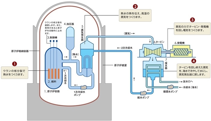 核電站運(yùn)作原理圖。通常的核電站排水未直接接觸核燃料。（圖片來(lái)源：日本北海道電力株式會(huì)社網(wǎng)站）
