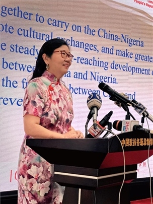 中國駐拉各斯總領(lǐng)館總領(lǐng)事嚴(yán)宇清致辭。駐拉各斯總領(lǐng)館供圖