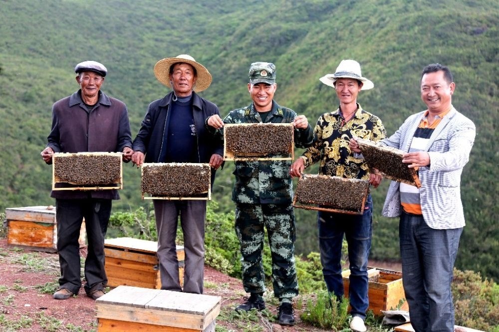 ↑武警四川總隊涼山支隊精準幫扶昭覺縣梭梭拉打村發(fā)展養(yǎng)蜂產(chǎn)業(yè)，總隊駐村扶貧干部布哈（中）和村民一同展示豐收成果（2019年6月12日攝）。新華社發(fā)（楊劍 攝）