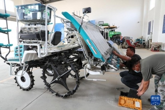 11月4日，技術員在南通市通州區(qū)十總鎮(zhèn)育民村農場保養(yǎng)無人插秧機設備。