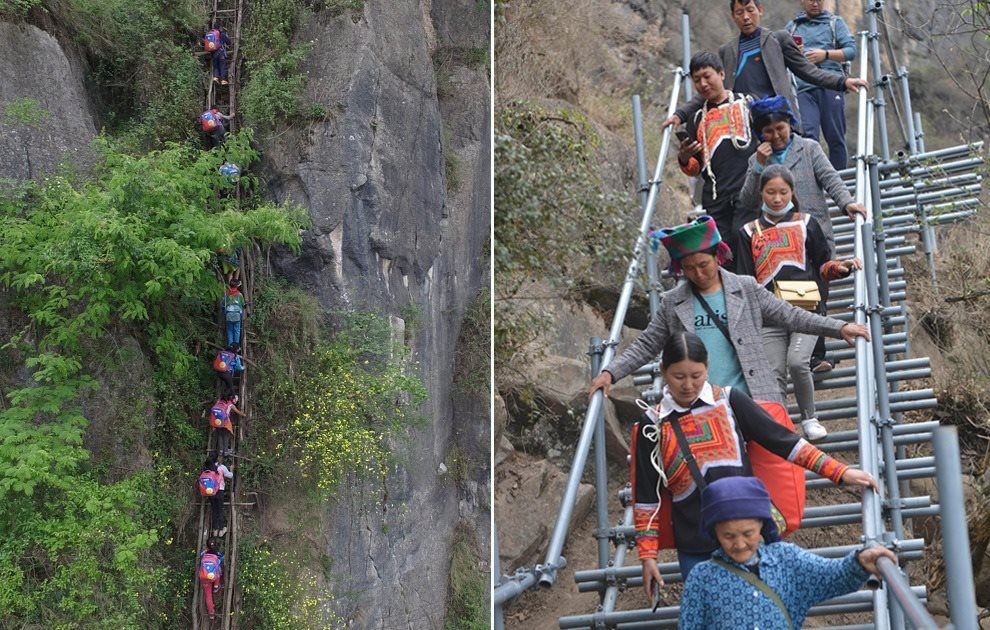 “懸崖村”今昔對比：左圖為2016年5月14日，“懸崖村”的孩子們攀爬木梯回家。右圖為2020年5月13日，“懸崖村”村民帶著行李通過鋼梯下山，搬遷至易地扶貧集中安置點的新家。