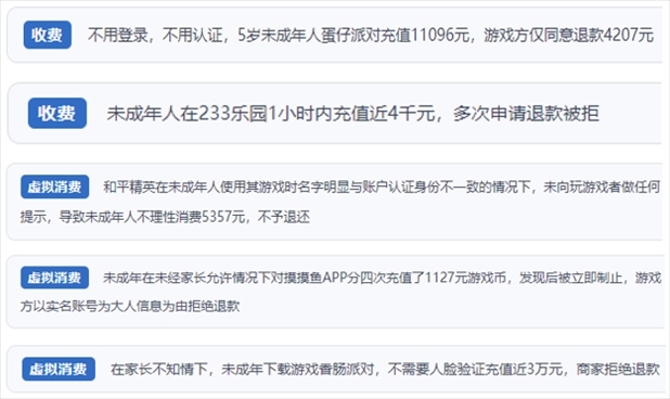 “人民投訴”用戶舉報(bào)身份認(rèn)證成擺設(shè)、大額充值無(wú)提醒、提供證據(jù)被駁回、商家設(shè)置退款障礙等未成年人網(wǎng)游消費(fèi)亂象。（“人民投訴”平臺(tái)截圖）