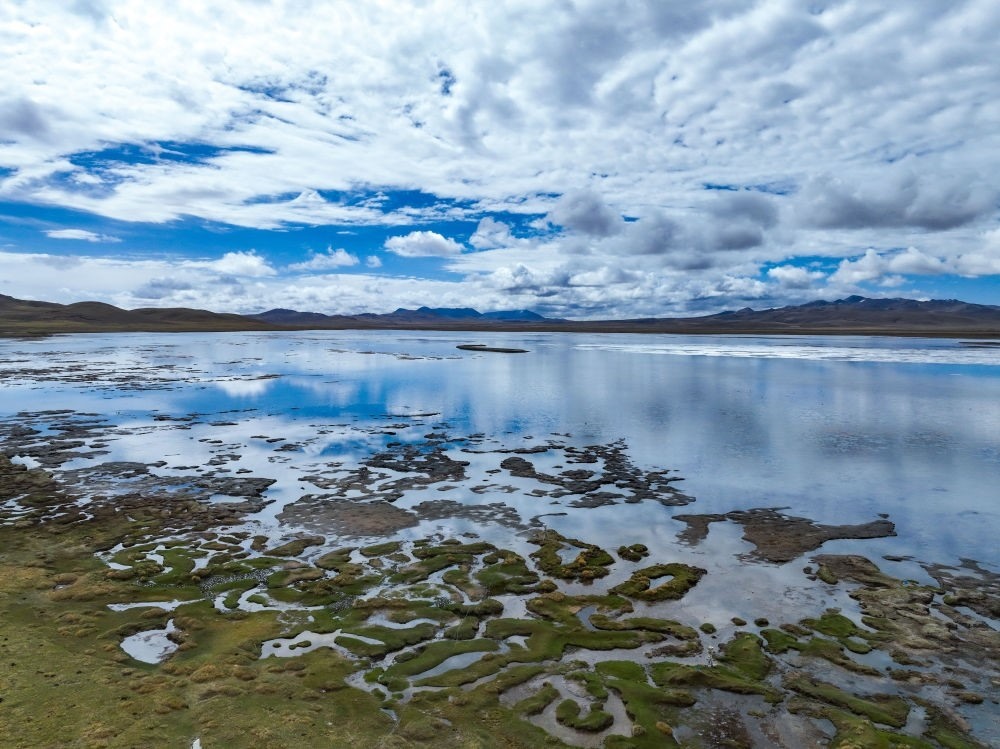 這是2024年5月26日在長(zhǎng)江源頭地區(qū)拍攝的班德湖一角（無人機(jī)照片）。新華社記者 張龍 攝