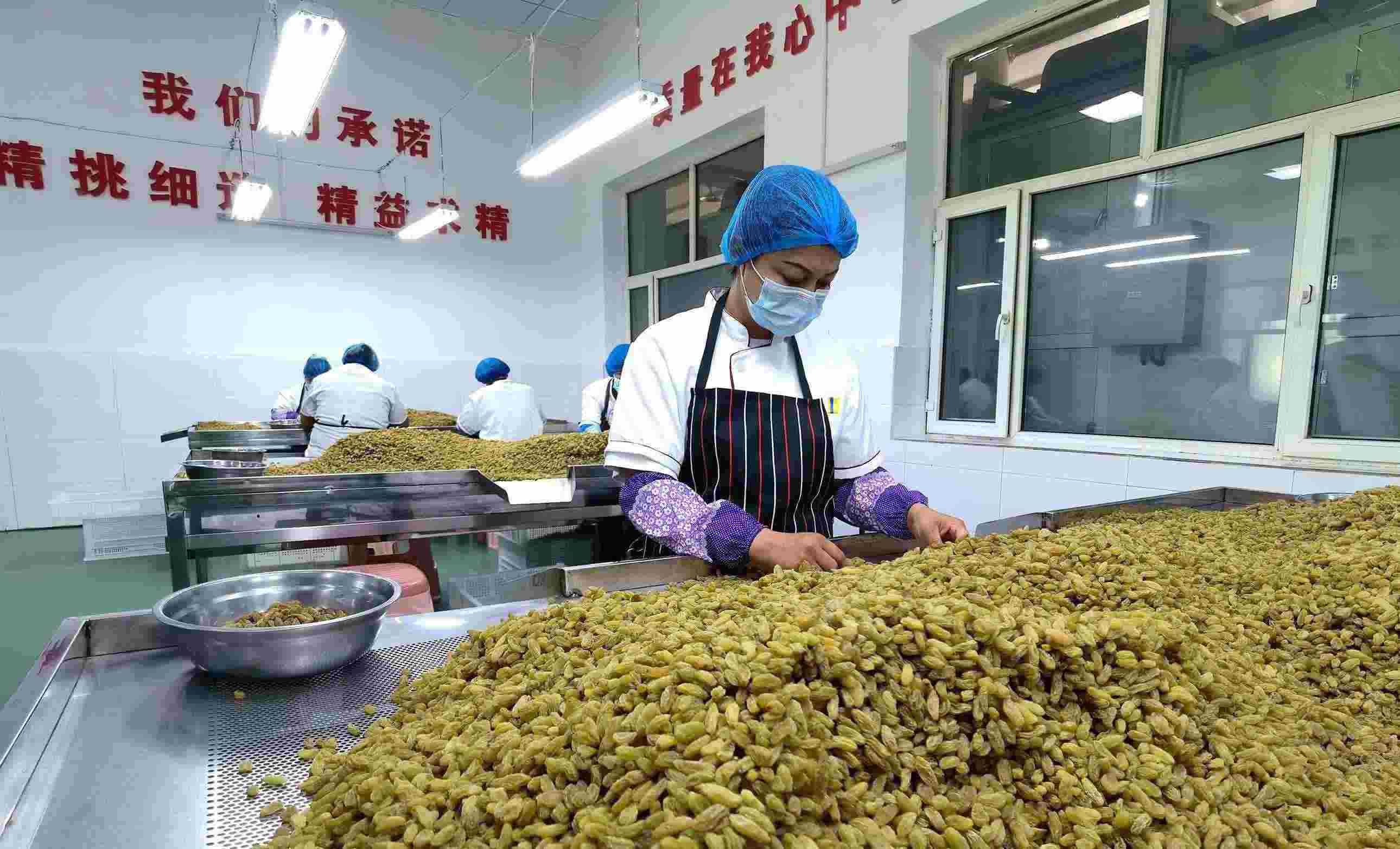 新疆吐魯番市高昌區(qū)亞爾鎮(zhèn)新城西門村，村民們在分揀葡萄干。