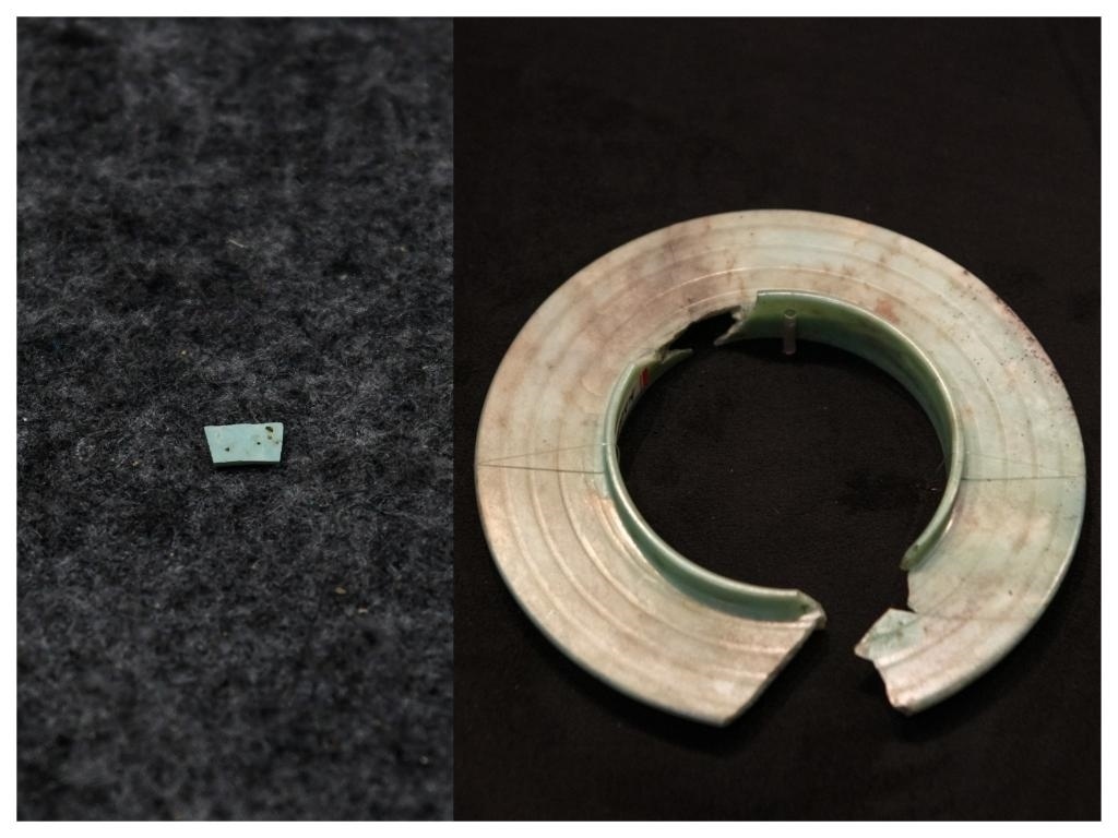 拼版照片：左圖為2024年7月10日拍攝的三星堆遺址出土的綠松石片（新華社記者王曦 攝），右圖為2024年7月21日在三星堆博物館文物保護與修復(fù)館拍攝的有領(lǐng)玉璧（新華社記者唐文豪 攝）。