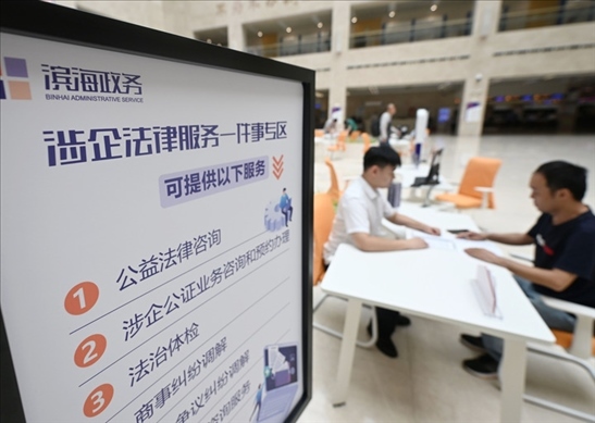 在天津?yàn)I海新區(qū)政務(wù)服務(wù)中心，工作人員在“涉企法律服務(wù)一件事”專區(qū)為市民提供服務(wù)（2024年7月31日攝）。新華社記者 趙子碩 攝