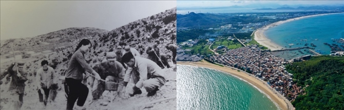 拼版照片：左圖為東山縣群眾在荒山上種植樹苗（資料照片）；右圖為2020年6月18日拍攝的東山縣陳城鎮(zhèn)澳角村附近風(fēng)光（無(wú)人機(jī)照片，新華社記者 姜克紅 攝）。