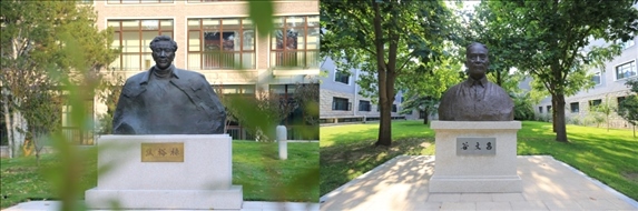 △左圖為中央黨校（國家行政學院）校園內的焦裕祿雕塑，右圖為校園內的谷文昌雕塑。