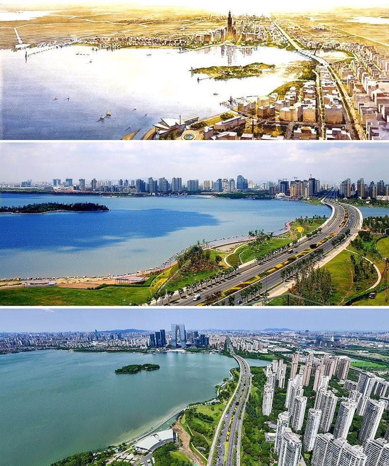 拼版照片：上圖為1994年繪制的蘇州工業(yè)園區(qū)手繪規(guī)劃圖；中圖為2007年拍攝的蘇州工業(yè)園區(qū)；下圖為2023年7月4日用無人機拍攝的蘇州工業(yè)園區(qū)。