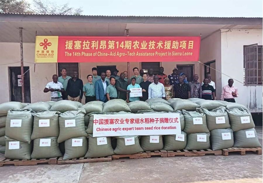 中國援塞拉利昂農(nóng)業(yè)專家組在塞南方省博城舉辦水稻種子捐贈儀式。中國援塞農(nóng)業(yè)專家組供圖