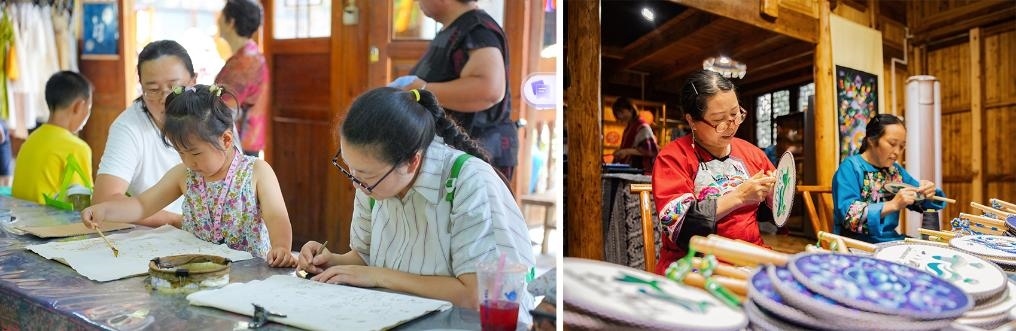 左圖：近期，游客在黎平縣肇興侗寨體驗非遺蠟染藝術(shù)（黎平縣委宣傳部供圖）；右圖：這是2024年拍攝的繡娘在十八洞村梨子寨苗繡鄉(xiāng)村振興示范基地制作苗繡產(chǎn)品（湘西州委宣傳部供圖）。