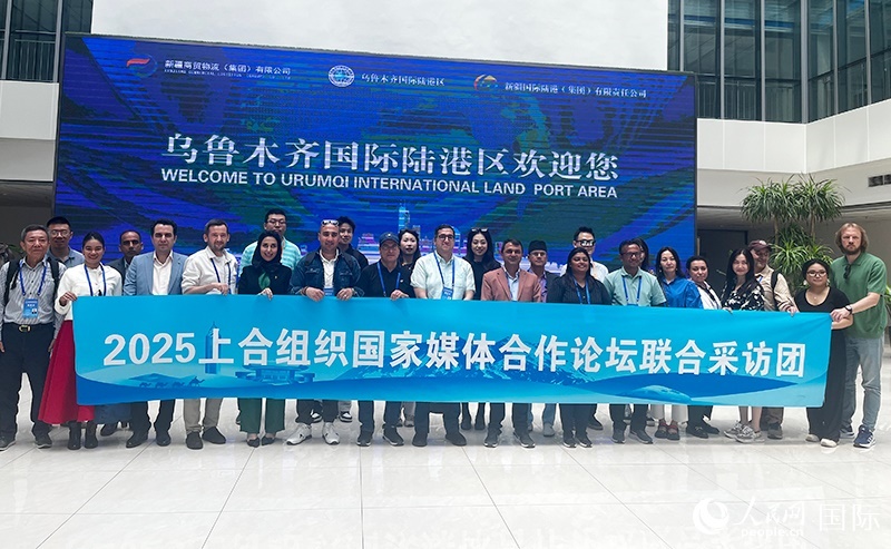 5月26日，外國媒體人在烏魯木齊國際陸港區(qū)合影留念。 人民網(wǎng)記者 翟轉(zhuǎn)麗攝