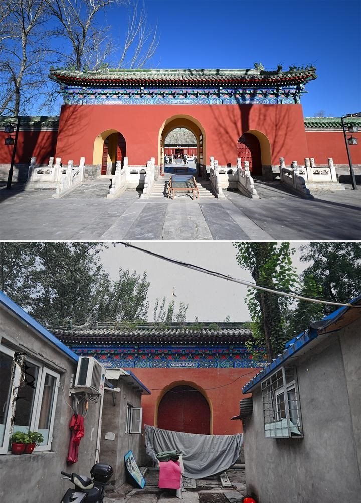 位于先農(nóng)壇內(nèi)的慶成宮，曾長時(shí)間被雜亂的民居占據(jù)。在北京中軸線申遺保護(hù)工作的帶動(dòng)下，北京完成了慶成宮區(qū)域文物征收騰退、非文物建筑拆除、彩畫保護(hù)、本體修繕、展覽布陳等，讓560多年歷史的古建群重新回歸。2024年12月，北京中軸線上先農(nóng)壇內(nèi)的慶成宮首次面向社會(huì)公眾開放。上圖為騰退修繕后的慶成宮內(nèi)宮門（資料照片）；下圖為翻拍的慶成宮內(nèi)宮門騰退修繕前的資料照片（2024年12月21日攝）。